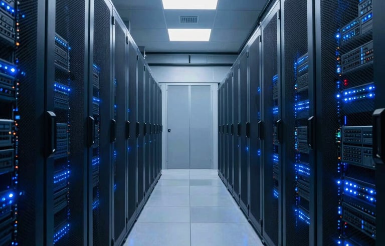 An architectural photograph of a high-tech data center hallway with blue server light reflections on a polished floor. The style is modern, professional, and authoritative. Global professional aesthetic using deep sky blue and dark blue-gray color palette.