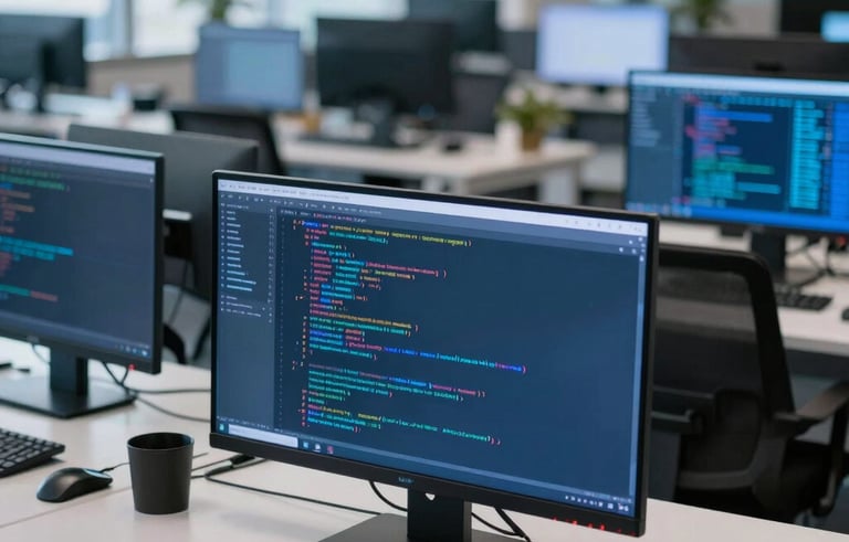 A high-angle professional photograph of a modern tech office in a South Asian global professional hub. A blurred background shows digital screens with lines of code. The lighting is clean and daylight-focused, emphasizing a forward-thinking IT environment with pale blue and deep sky blue accents.