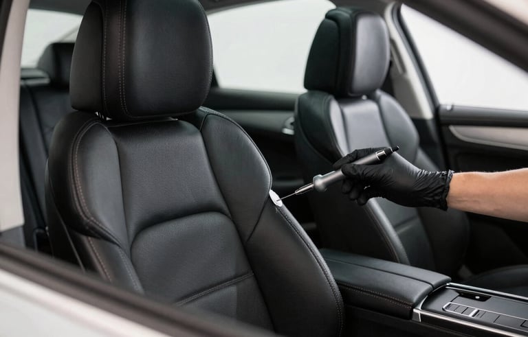 Interior detailing of a premium European sedan featuring black leather seats and silver accents. A professional hand in a black glove uses a precision tool to clean the stitching. The scene is bright and minimalist, shot with a shallow depth of field in a Western European detailing studio.