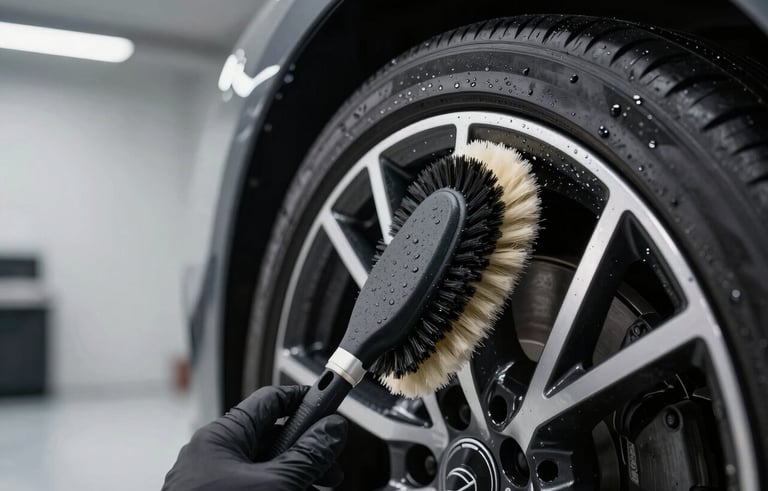 A close-up photograph of a high-end luxury car wheel being meticulously cleaned with a specialized soft-bristle brush in a modern, minimalist French garage. Water droplets are captured in sharp focus against a silver and black rim. The lighting is sophisticated and professional, emphasizing textures.