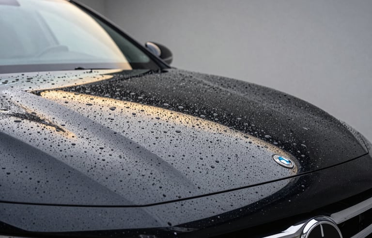 A close-up shot of water beading perfectly on a black car hood treated with ceramic coating. The surface is like a mirror, reflecting a modern studio with gold and silver light tones. The composition is artistic and minimalist, embodying extreme precision and automotive luxury.