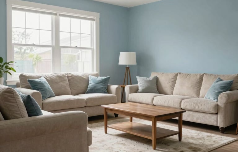 A sanitized and pristine North American / US living room after professional mold removal. The space looks healthy and safe for family living, featuring soft beige furniture, bright windows, and calming blue accents. High-end residential photography style.