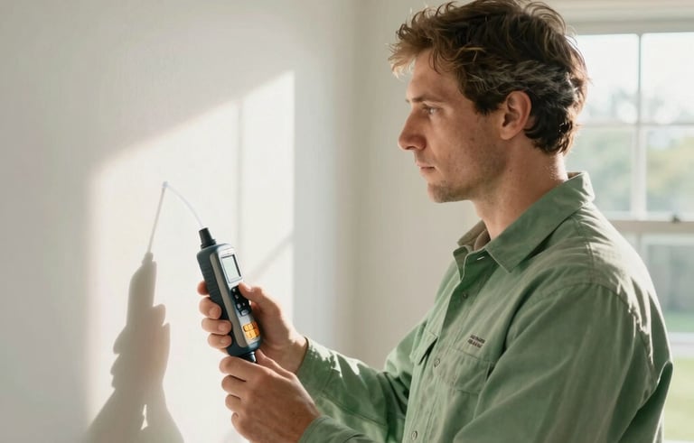 A professional environmental expert in North American / US attire using a moisture detection device on a residential wall. The scene is bright and clean with soft morning light, emphasizing a sense of safety and professional home inspection. Soft green and white color palette.