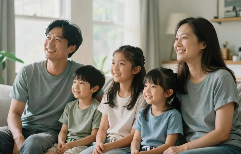 A happy family sitting together in a sunlit North American / US home, breathing easy in a clean and safe environment. The focus is on healthy living and peace of mind. Soft natural lighting, soft green and calming blue tones.
