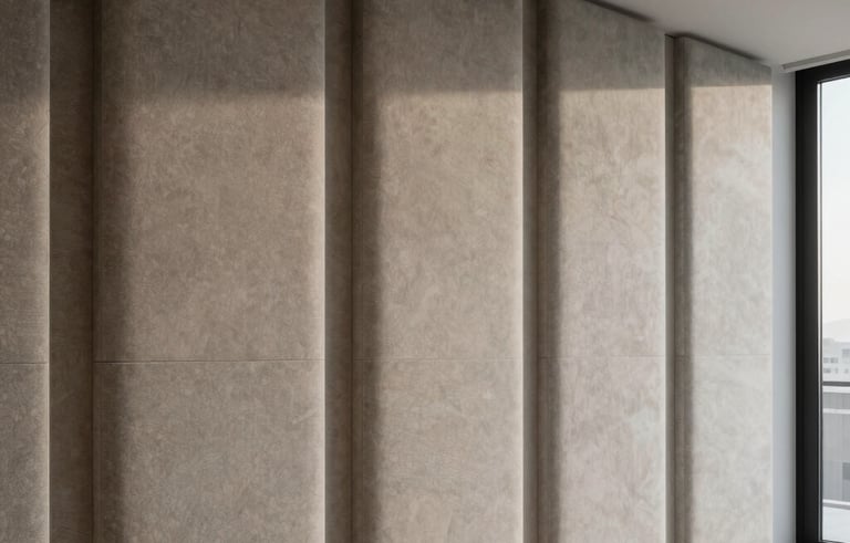 A beautiful interior of a modern office in Malaga with stylish acoustic panels on the walls, soft shadows, clean minimalist Southern European architectural design, sharp focus.
