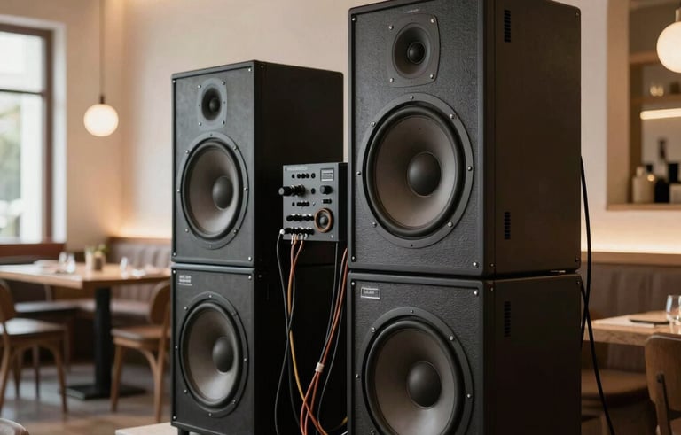 Elegant professional audio equipment integrated into a minimalist high-end restaurant interior, subtle wiring, clean installation, warm accent lighting, Southern European style.