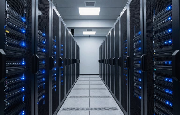 A wide, symmetrical architectural shot of a modern data center aisle with blue LED status lights on server racks, cold industrial atmosphere, North American / US corporate setting.