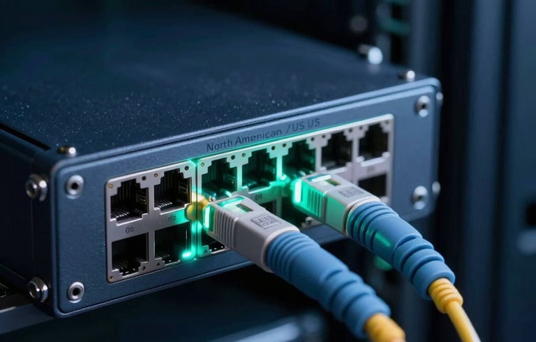 A professional close-up photograph of high-end networking hardware with glowing fiber optic connections, deep navy and teal ambient lighting, minimalist and technical aesthetic, North American / US data center environment.