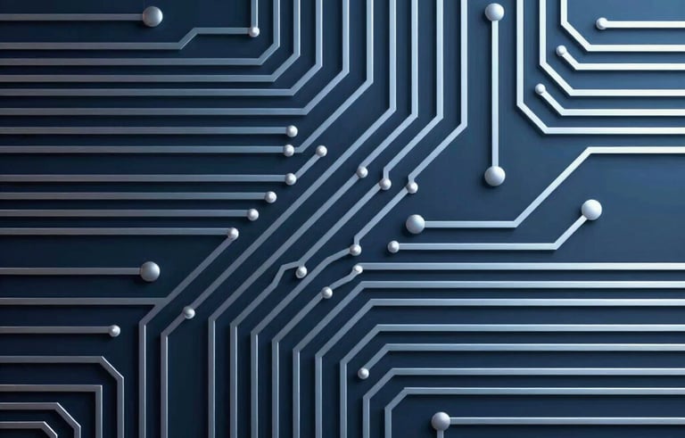 Abstract technological background featuring clean geometric patterns and interconnected circuit-like lines, corporate style, metallic navy and light blue tones, minimal composition.