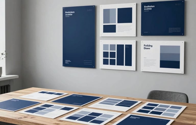 Wide-angle, high-end photography of a minimalist design studio in a North American city. Strategic mood with soft natural lighting, featuring a clean wooden table with brand style guides and professional mood boards. The atmosphere is sophisticated and innovative, using a color palette of deep blue and light grey.