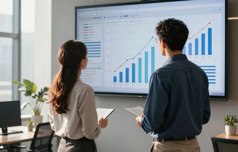 Professional photography of a sleek, modern office in North America. Two marketing professionals in business casual attire looking at a large screen displaying performance analytics and growth charts. Morning sunlight, corporate and results-driven atmosphere.