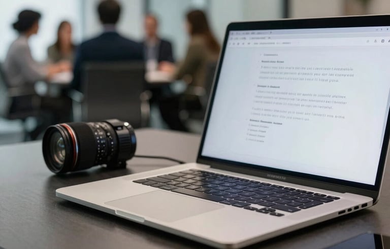 Clean, high-end close-up photography of a workspace in a US creative agency. A modern laptop and tech accessories sit on a dark slate desk. In the background, a blurred glass conference room shows a strategic team meeting. Professional lighting, innovative aura.