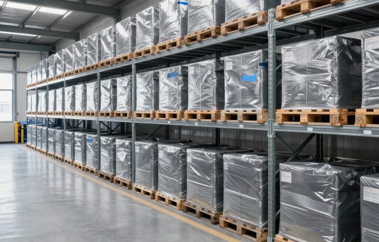 A wide-angle professional photograph of a clean, modern warehouse in a Central European industrial district. Organized steel racks filled with industrial pallets. Bright daylight from high windows, highlighting a silver and charcoal grey color palette with blue accents.