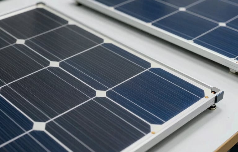 Close-up photography of high-quality photovoltaic solar panels and electronic circuit components on a clean work surface in a German technical facility. Sharp focus, bright lighting, featuring charcoal grey, silver, and deep blue colors.