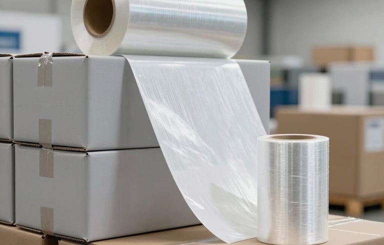 Professional shot of stacked cardboard packaging boxes and industrial stretch film rolls in a brightly lit Central European logistics center. Clean and organized composition conveying reliability, in light grey and white tones.