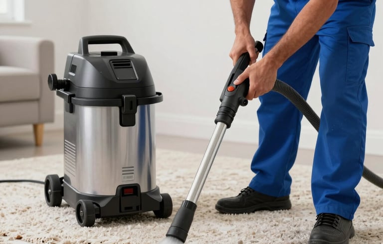 Professional restoration technician in a North American / US (Miami, Florida) home using a high-powered industrial water extractor on a soaked carpet. The scene is lit with bright, clear light, highlighting the efficient, modern equipment and the technician's expert focus. Professional steel blue and white uniform.