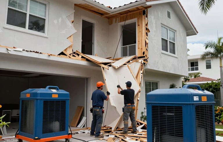 A wide shot of a Miami, Florida property undergoing storm damage cleanup. Technicians are removing damaged drywall and debris while using large industrial dehumidifiers. The composition is bold and emphasizes the scale of the professional recovery effort with steel blue and orange accents.