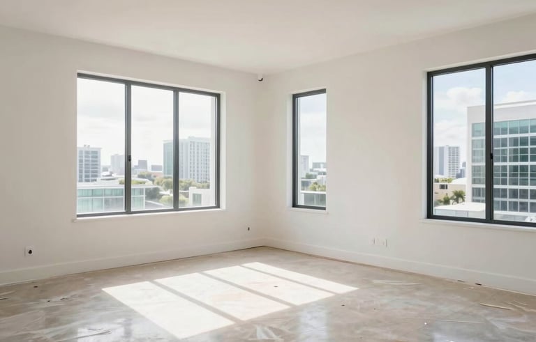Interior of a modern Miami, Florida home living room after full restoration. The room looks pristine and brand new, with polished floors and fresh paint. Bright sunlight streams through the windows, signifying a fresh start after water damage. High-quality professional photography.
