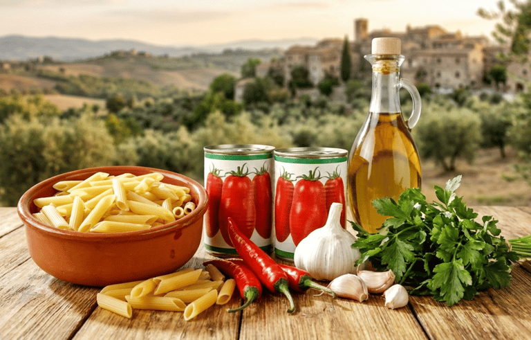 Rustic Italian ingredients including penne pasta, canned tomatoes, olive oil, and garlic on a wooden table.