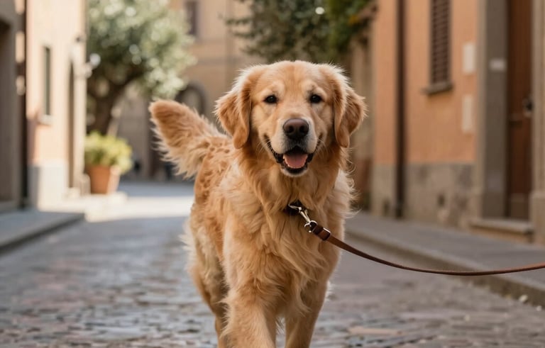 A happy golden retriever on a leather leash walking along a narrow cobblestone street in Fiesole, Italy. Warm morning sunlight illuminates the terracotta buildings and sage green olive trees in the background. Professional photography, soft bokeh.