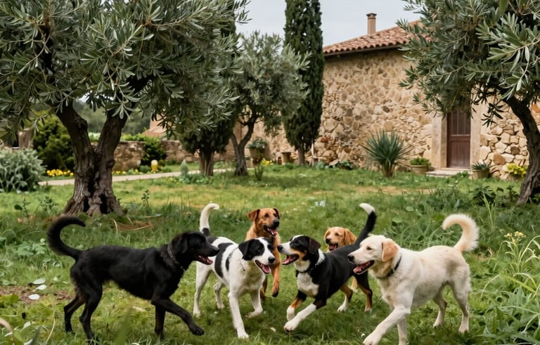 A group of happy dogs playing together in a lush, fenced olive-green garden in Fiesole. Italian cypress trees and a rustic tan stone wall in the background. Bright light.