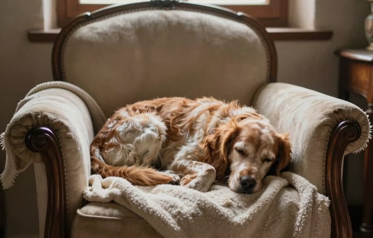 A tired spaniel curled up on a off-white cream blanket on a vintage armchair inside a Tuscan farmhouse. Soft afternoon glow through a wooden window frame, serene atmosphere.