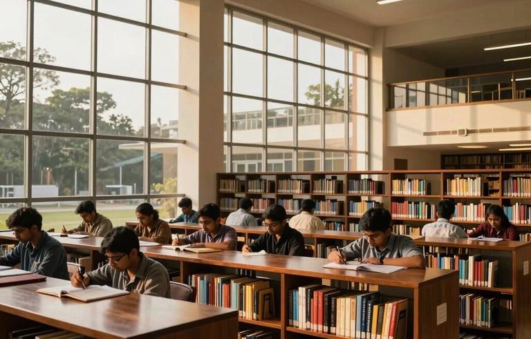 Interior photography of a high-tech university library in India with South Asian students studying, featuring large glass windows, dark wood bookshelves, and golden warm lighting.