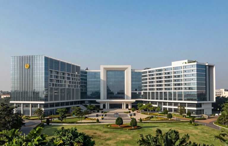A wide-angle professional photograph of a grand, modern private university campus in India, featuring contemporary glass buildings mixed with traditional South Asian architectural elements, set against a clear blue sky with lush green landscaping.
