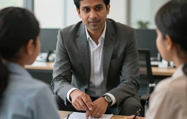 A professional South Asian educational consultant in formal attire advising a young student and parent in a sophisticated modern office in India, soft natural lighting.
