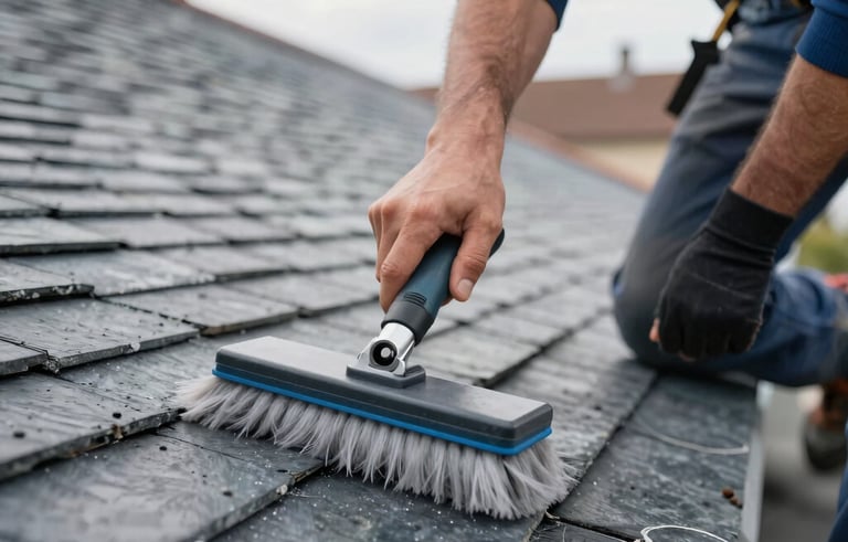 Professional roofer in work clothes performing maintenance on a traditional slate roof of a European French house, focus on hands using a specialized cleaning tool, soft daylight, premium craftsmanship atmosphere, muted blue and grey tones.