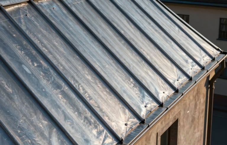 Close-up of high-quality zinc roofing work on a historical European building, elegant metallic textures, precise craftmanship and joints, warm afternoon sun, deep blue and bronze palette.