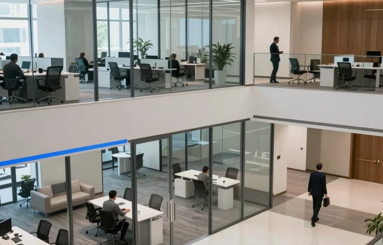 A professional high-angle shot of a clean, modern North American office lobby. Glass partitions and blue accent lighting highlight a stable and professional business atmosphere. Minimalist furniture and a few blurry professional figures symbolize a secure and efficient corporate environment.