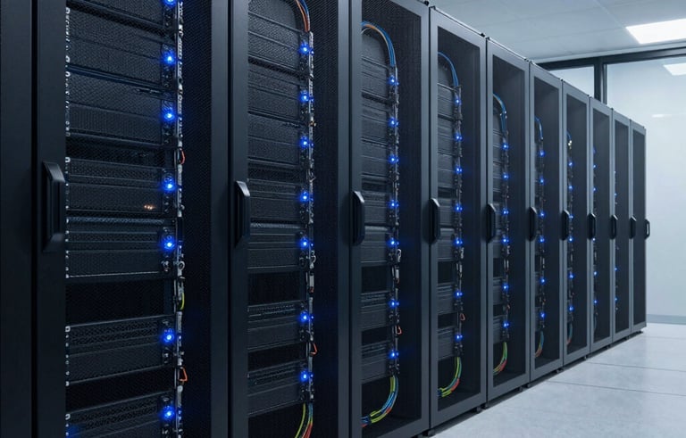 A professional photography of a modern, brightly lit server room in a North American corporate data center. The scene features rows of sleek dark black server racks with subtle blue glowing status lights, organized cables, and a polished light gray floor, conveying stability and technical expertise.