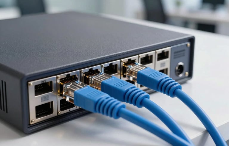 A detailed photography of professional networking hardware in a clean office environment. Sharp focus on blue ethernet cables plugged into a high-performance firewall router. Soft-focus background shows a bright North American office interior, emphasizing secure connectivity.
