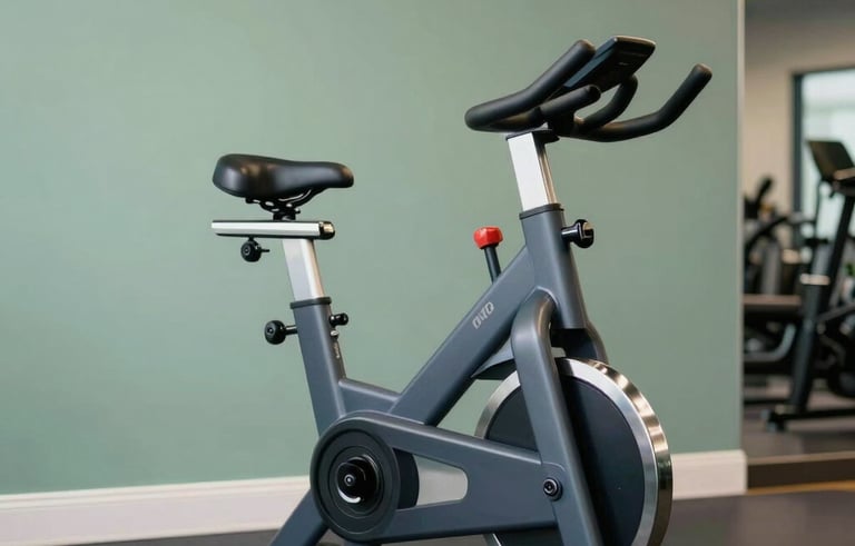 A sleek steel blue and charcoal grey stationary bike stands prominently in a clean, high-end North American / US training studio. Soft sage green wall accents provide a professional yet modern dynamism.
