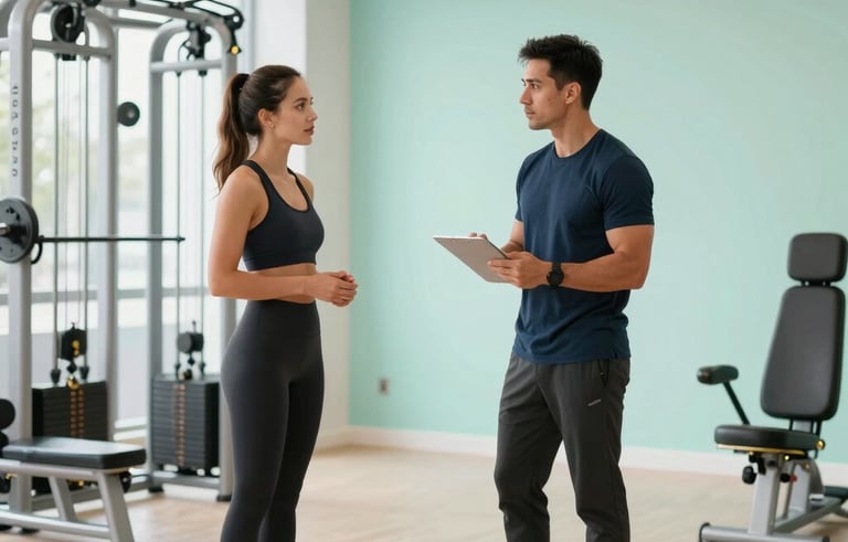 A professional North American / US fitness consultant discussing a wellness plan in a bright, modern studio. The space is decorated in light mint and off-white tones, featuring professional gym equipment and a clean, premium aesthetic.