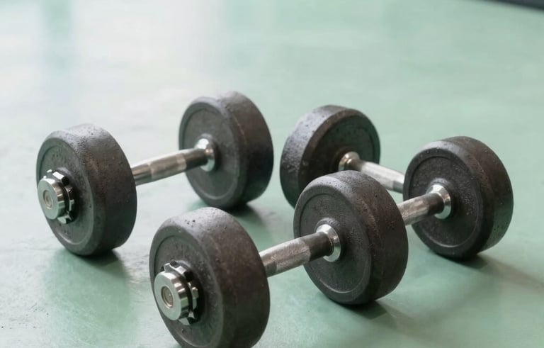 Professional interior photography of a modern North American / US gym space. A set of heavy charcoal grey iron dumbbells rests on a clean, light mint green floor. The composition is clean and minimalist, with bright natural lighting and an energetic vibe.