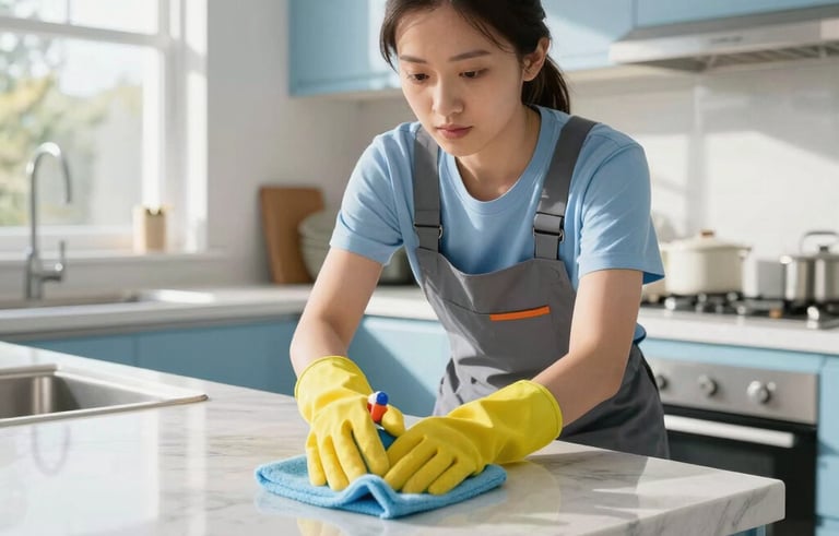 A professional cleaner in a modern North American kitchen with light blue accents, wiping down a marble countertop. Bright morning sunlight streams through the window, emphasizing a fresh, clean atmosphere. High-quality photography, sharp focus.