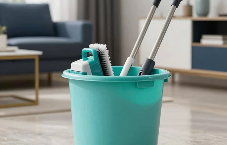 Detailed shot of cleaning equipment in a turquoise caddy sitting on a polished floor in a bright North American home. The background is softly blurred, showing a perfectly organized room with navy accents. Clean and sophisticated aesthetic.