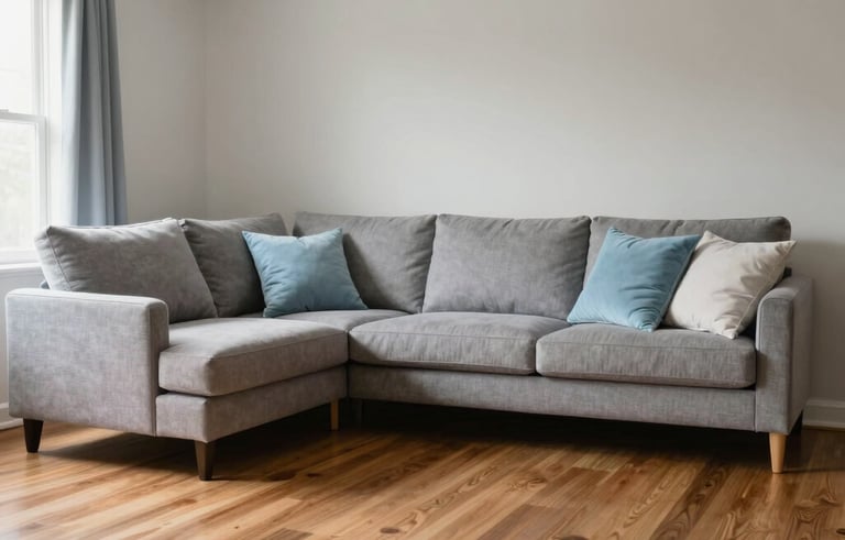 A wide shot of a pristine North American living room after a deep cleaning. The room features gray and light blue decor, perfectly fluffed pillows, and gleaming hardwood floors. Soft, professional interior photography style.