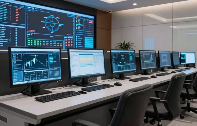 A professional interior photograph of a modern energy control center in a North American city. The scene features glowing digital monitors displaying complex data, reflecting a Slate Blue light onto a clean, minimalist workspace. The atmosphere is sophisticated and high-tech.