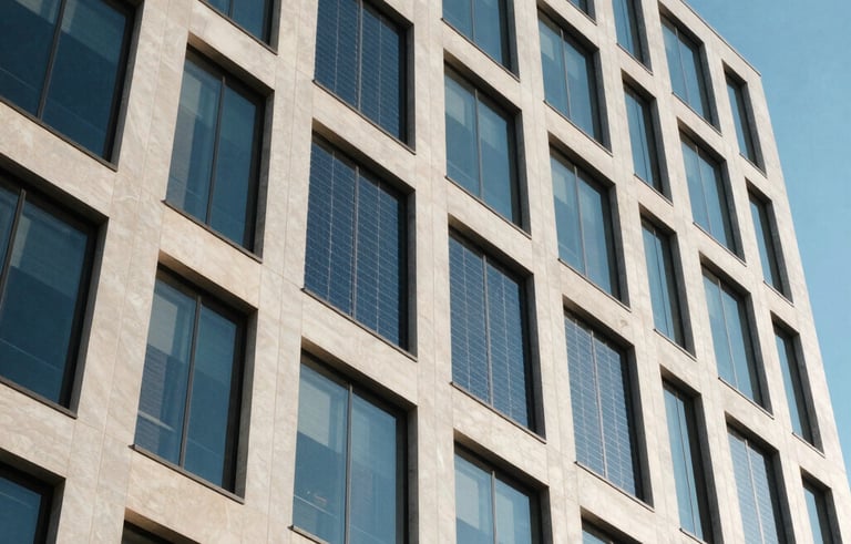 A low-angle, architectural photograph of a sleek North American office building with integrated solar glass panels. The scene is lit by bright, natural sunlight, reflecting off the Slate Blue and Off-white surfaces. The composition emphasizes clean lines and a contemporary tech-focused atmosphere.