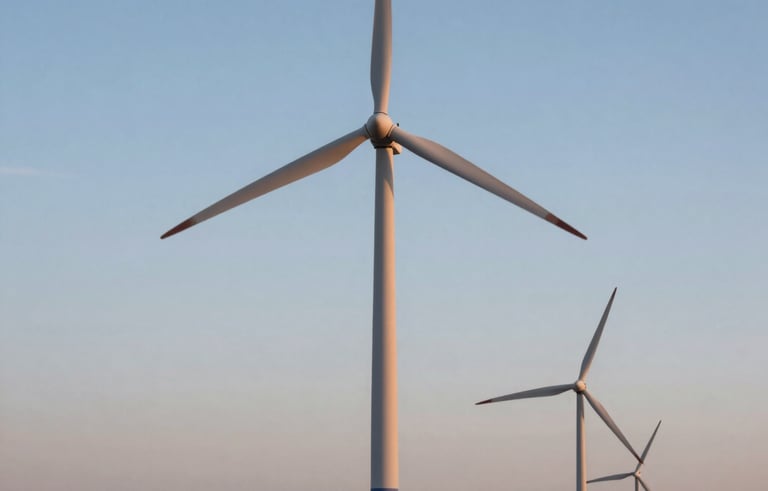 A crisp, high-detail photograph of modern wind turbines situated in a sprawling North American landscape at dawn. The lighting is soft and professional, with a color palette of Muted Blue sky and Dark Navy turbine bases. The aesthetic is clean and authoritative.