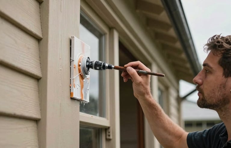 A detailed close-up shot of a skilled professional painter applying a premium protective coating to a wooden heritage villa exterior in Auckland, New Zealand.