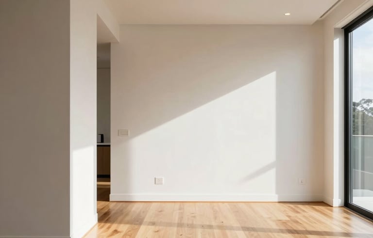 A professional architectural photograph of a modern residential living room in Auckland, New Zealand. Sunlight illuminates crisp off-white walls and polished timber floors. The style is clean, airy, and high-end.
