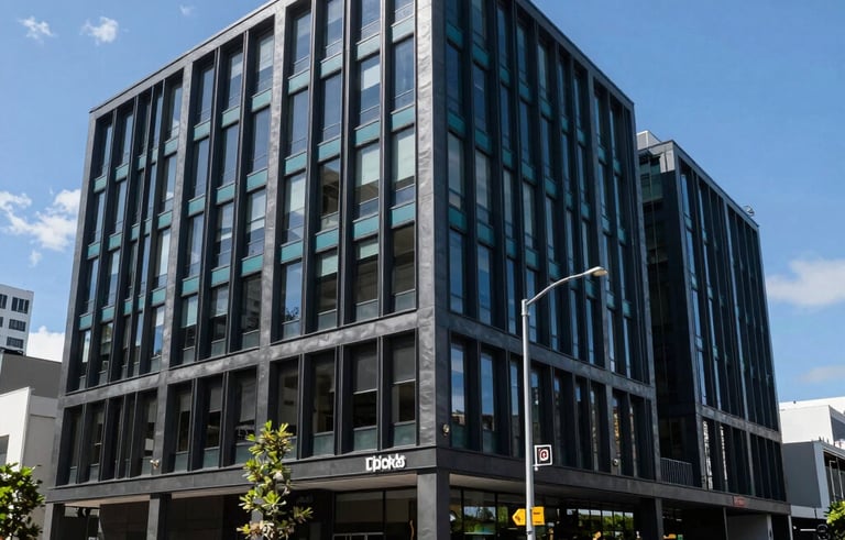 Daytime exterior shot of a contemporary office building in a commercial district of Auckland, New Zealand. The architecture features charcoal and deep teal accents.