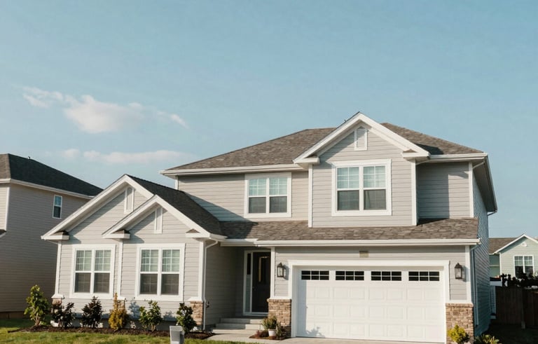 A wide-angle shot of modern American suburban homes with clean lines and large windows. The lighting is bright and clear, emphasizing a trustworthy and safe neighborhood feel.
