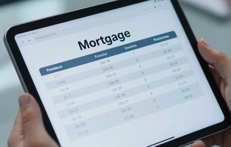 A high-quality close-up of a digital tablet screen displaying clean financial mortgage data, held by professional hands in a North American corporate environment. Muted blue and soft blue lighting.