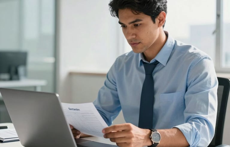 A professional South American / Brazilian accountant in a bright, modern office in Santarém, analyzing financial records on a laptop. The scene is lit with soft morning light, featuring a clean desk. The color palette emphasizes soft blues and whites.