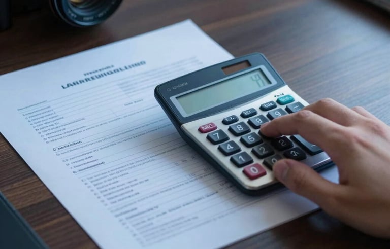 Close-up photography of professional financial documents and a calculator on a dark wood desk in a Brazilian office. Professional lighting with deep blue tones and a sense of meticulous accuracy.